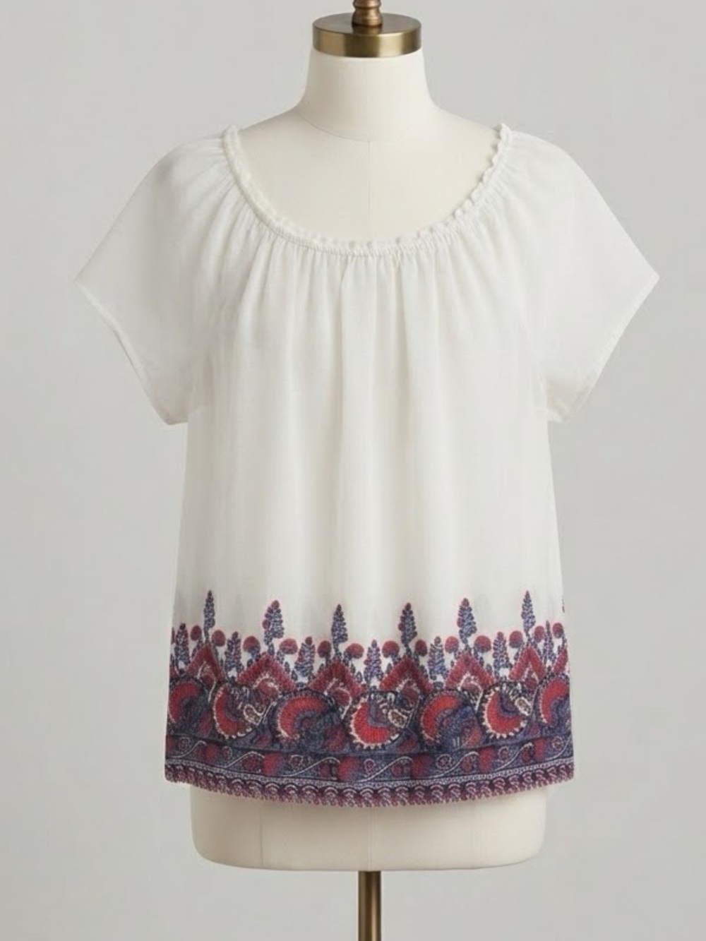 LOFT White Short-Sleeve Blouse with Red and Blue Embroidered Border